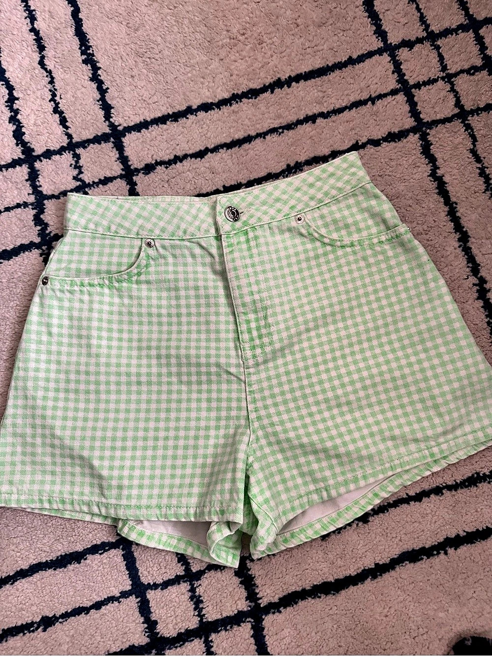 ASOS DENIM Gingham High Waist Shorts in Green & White